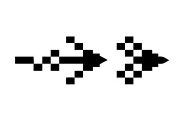 Set of geometric black ribbon and arrow graphics with disintegrating pixel effect on a white background.vector icon