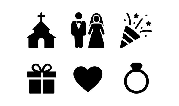 Wedding celebration icon set with church, couple, gift, and ring for invitations and decorations
