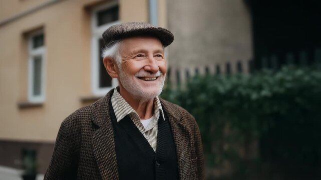 Elderly caucasian man smiling outdoors in brown clothing and flat cap