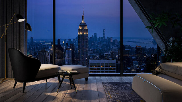 Luxury lounge interior with night view of Empire State Building and NYC skyline