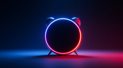Futuristic alarm clock with neon gradient lighting, black face, and classic twin bell design. Ideal for tech ads, time concepts, or modern lifestyle visuals.