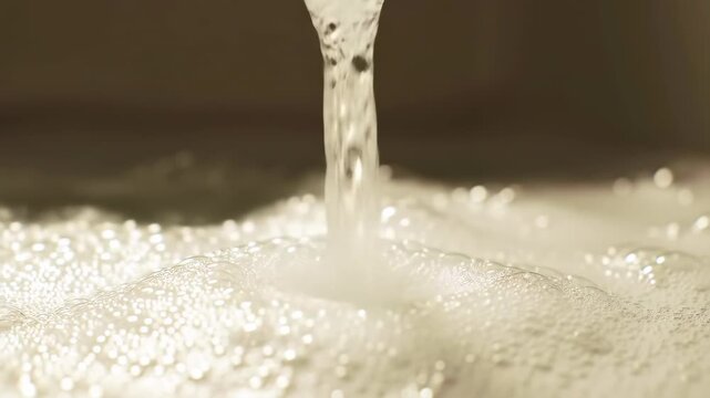 Water pouring into sudsy sink, blurred background, cleaning
