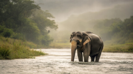 Obraz premium Majestic elephant wading through a serene river landscape surrounded by lush greenery and misty hills in a tranquil natural setting at dawn or dusk.