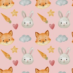 Seamless watercolor pattern with cute fox and bunny rabbit characters for baby nursery design kids textile wrapping paper products