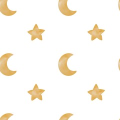 Watercolor seamless pattern with moon and stars night sky elements for baby nursery design kids textile fabric and cute decor