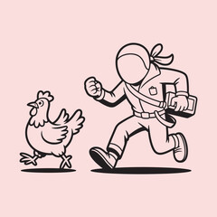 Fototapeta premium Cartoon chicken running away from a person in uniform carrying a satchel chasing