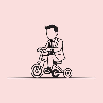 Man in suit riding a tricycle on a pink background transportation