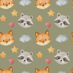 Watercolor seamless pattern with cute raccoon and fox woodland animal characters for baby nursery kids textile fabric products