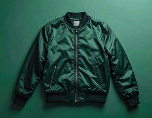 Sleek emerald green satin bomber jacket with modern zippered pockets and ribbed cuffs, perfect for stylish urban adventures.