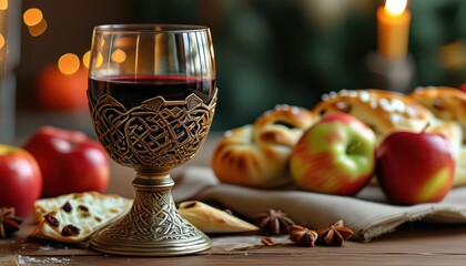 Obraz premium Ornate kiddush cup on table with apples and bread for jewish holiday celebration