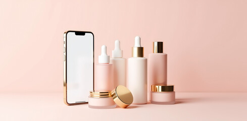 Smartphone mockup near cosmetic bottles and jars. Screen is empty for online shopping application. Image shows black friday sale and cyber monday discount. Gift holiday purchase beauty subscription.