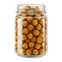 Glass jar filled with golden brown roasted chickpeas isolated on white background