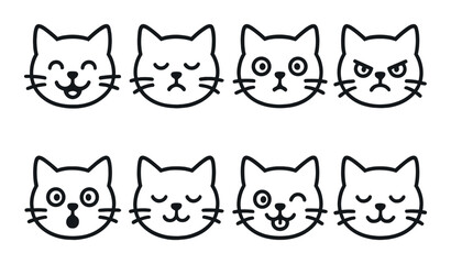 Obraz premium Set of eight cat emoji expressions with varied emotions on dark background