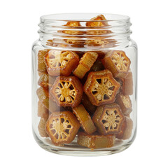 Jar of preserved okra slices, displaying unique seed pods and textures isolated on white background
