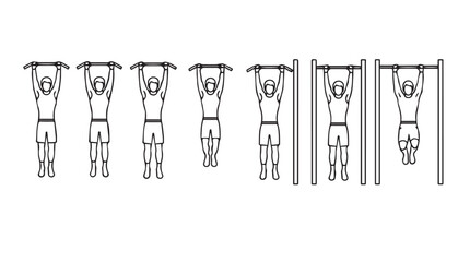 Man performing pull-up exercises series demonstrating different grips and positions on bar silhouette