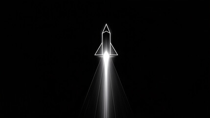 Minimalist rocket launch illustration with geometric lines and bright propulsion beams on a black background. Ideal for tech, innovation, startup, and space-themed commercial use.