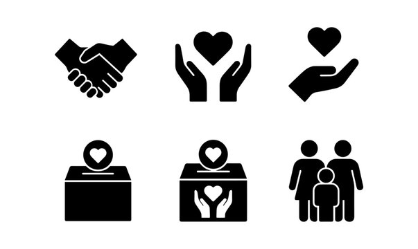 Generosity icons set: heart, hands, donation box, family symbols for charity and compassionate design