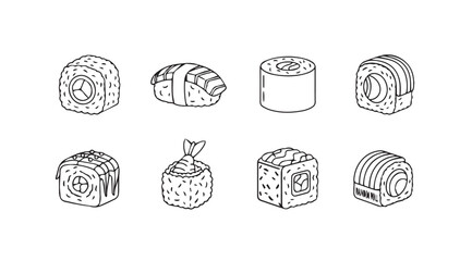 Collection of isometric sushi rolls and food items silhouette