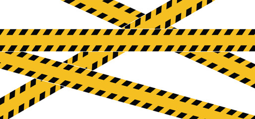 Warning, danger tapes, signs of attention for safety and security borders. Yellow line. Construction, crime zone and police. Vector concept. Crossed caution tapes with attention. Work zone.