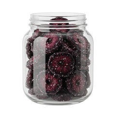 Glass jar filled with dehydrated blood orange slices, showing their textured surfaces isolated on white background