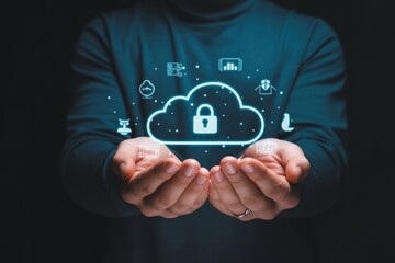 Cloud Computing Security: Man Holding Cloud Icon with Lock, Data Protection Concept, Digital Security