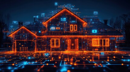 Futuristic smart home at night with glowing circuits