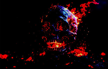 Fiery skull emerging from darkness with cosmic colors