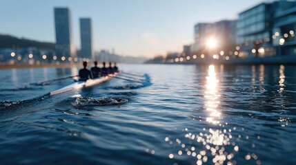 Rowing Team on Calm Water with Cityscape Background at Sunset Eight People in Silhouette Sunlight Reflecting on Water Surface Serene and Peaceful