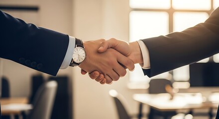 Close-up on a strong handshake between two individuals in dark business suits.