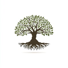 A strong oak tree logo with roots and leaves symbolizing growth brown and green isolated on white background