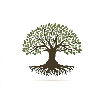 A strong oak tree logo with roots and leaves symbolizing growth brown and green isolated on white background