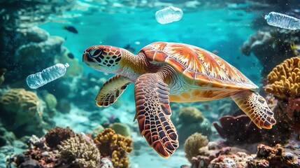 Plastic pollution turtle