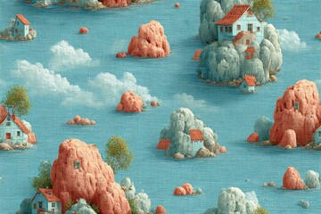 Fabric texture seamless pattern background Surreal Floating Islands Dreamy landscapes with floating rocks and tiny houses a storytelling fabric for creative minds