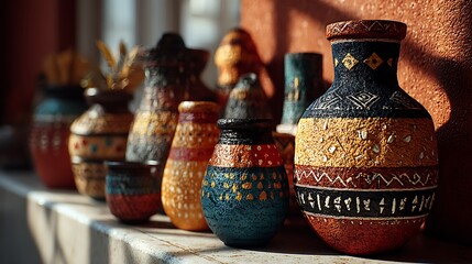 Ancient handcrafted pottery with tribal patterns high resolution picture