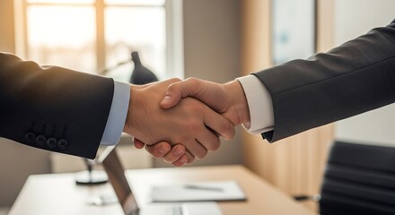 Two people in suits conclude a business deal, their hands clasped tightly in a handshake of