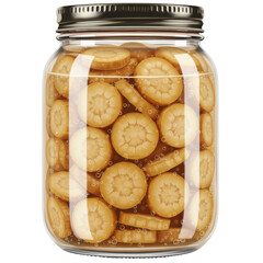 Pickled green tomatoes slices in a glass jar with bubbles and metal lid isolated on white background