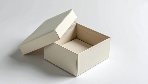 Open beige rectangular box with tilted lid on white surface