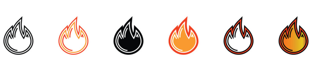 Fire Flame Icon Set. Collection of Burning Fire Symbols in Flat and Outline Style