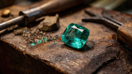 Sparkling blue gemstone resting on a rustic wooden workbench surrounded by tools, capturing the essence of craftsmanship and natural beauty in gemology.
