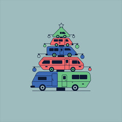 Holiday Adventure Tree ,Retro Camper Vans and Christmas Decorations Vector