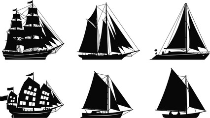 Black silhouette sailing ships, vintage boats, yacht illustration, nautical transportation, maritime vessels, old galleon, sailboat design, sea travel, ocean adventure, harbor