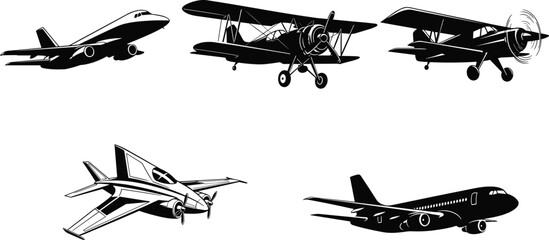 Airplane silhouette set, jet aircraft vector, vintage biplane illustration, modern airplane clipart, military jet design, aviation transport collection © Rifat's World
