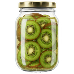 Sliced kiwi fruit preserved in a glass jar with golden lid and bubbles isolated on white background