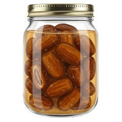 Preserved dates in a glass jar with golden lid and bubbles isolated on white background