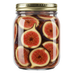 Preserved figs in a glass jar, showing detailed red interiors and bubbles isolated on white background