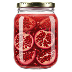 Pomegranate preserves a glass jar filled with ruby red fruit halves and seeds isolated on white background