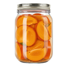 Preserved persimmon slices in a glass jar with bubbles and metallic lid isolated on white background