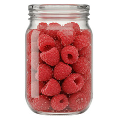 Fresh raspberries preserved in a glass jar with trapped air bubbles isolated on white background
