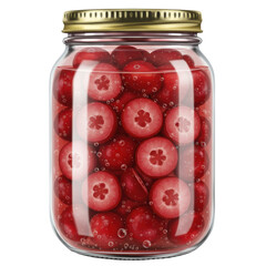Glass jar filled with cranberries and sparkling liquid isolated on white background