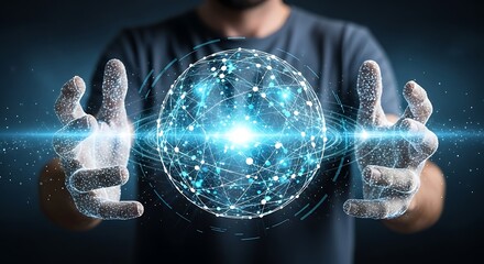 Man's Hands Holding Futuristic Digital Globe, Global Network, Technology Concept.